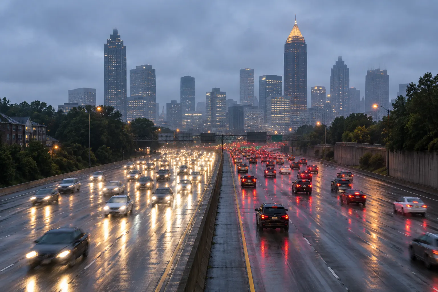 Rush-hour traffic on Atlanta’s Downtown Connector in light rain at dusk, headlights on one side and tail lights on the other, with the Midtown skyline behind.