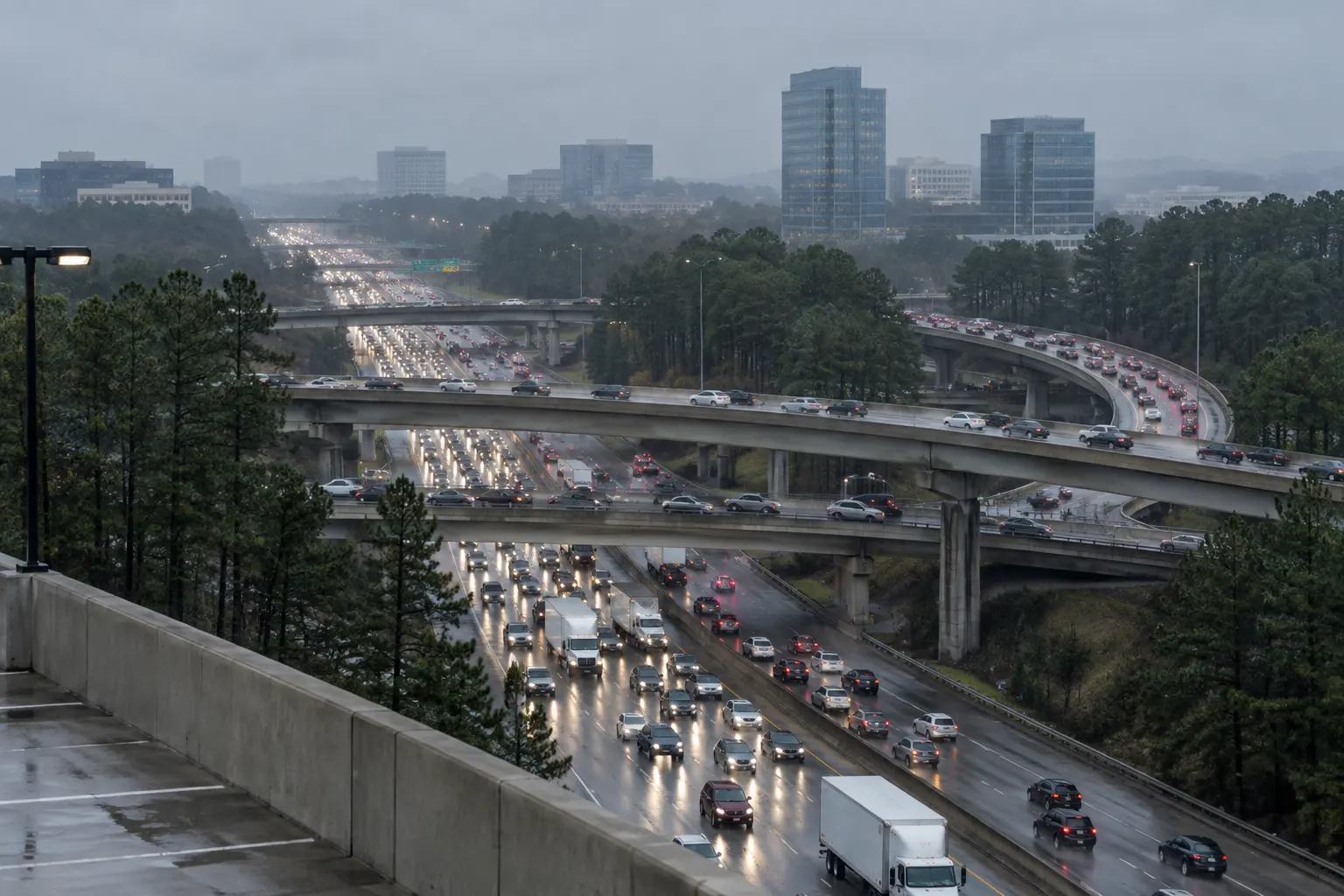 Morning rush-hour traffic in the rain at the I-285 and GA 400 interchange, with curving flyover ramps, pine trees and office towers in the haze.